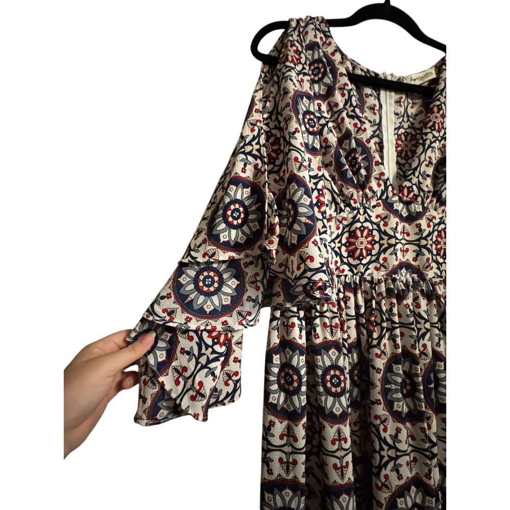 Impressions Medallion Print Maxi Dress Blue Red Ruffle Bell Sleeve Large Boho - Picture 4 of 12